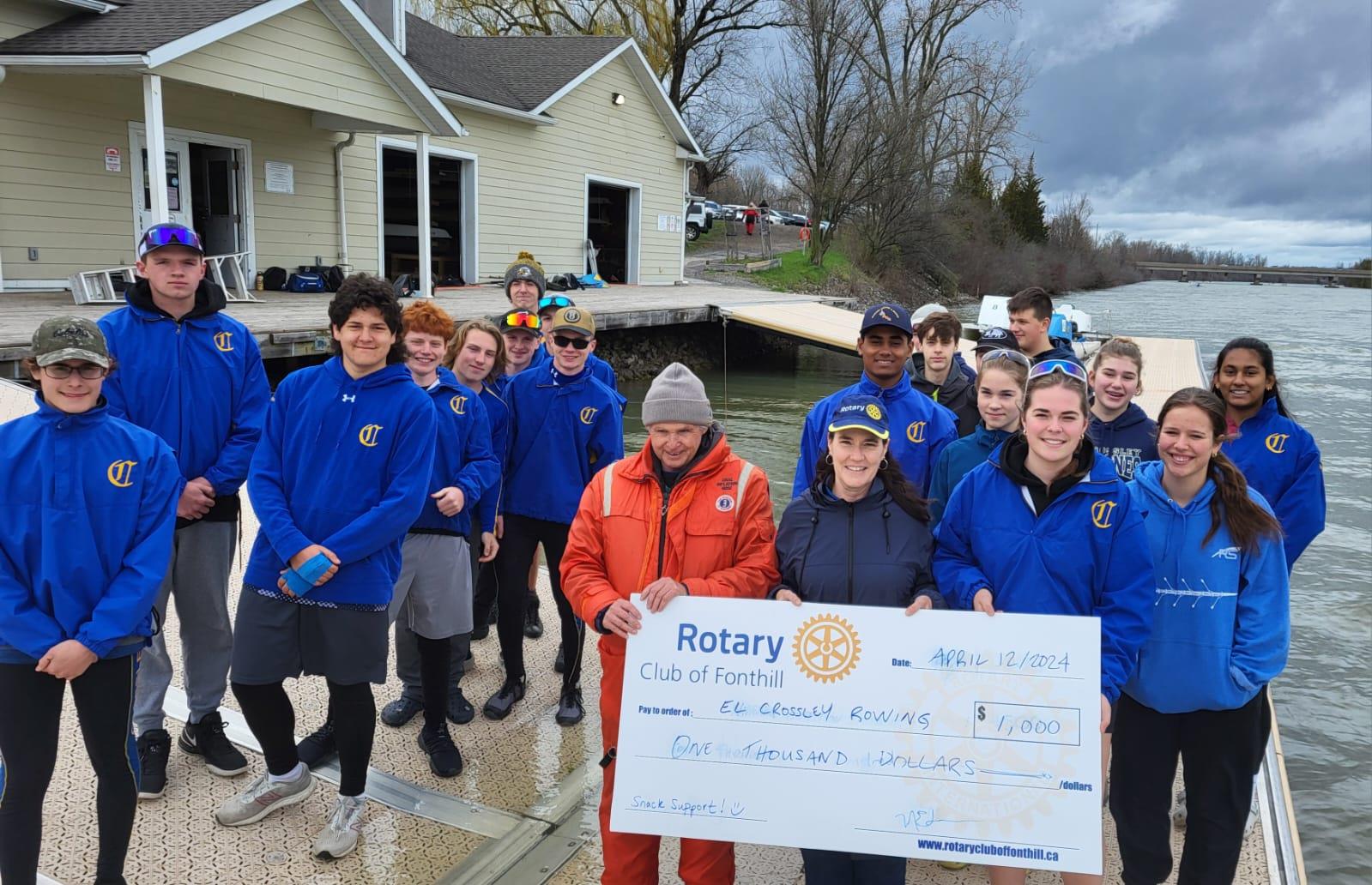 Rotary Club of Fonthill presents large cheque to E. L. Crossley Rowing team